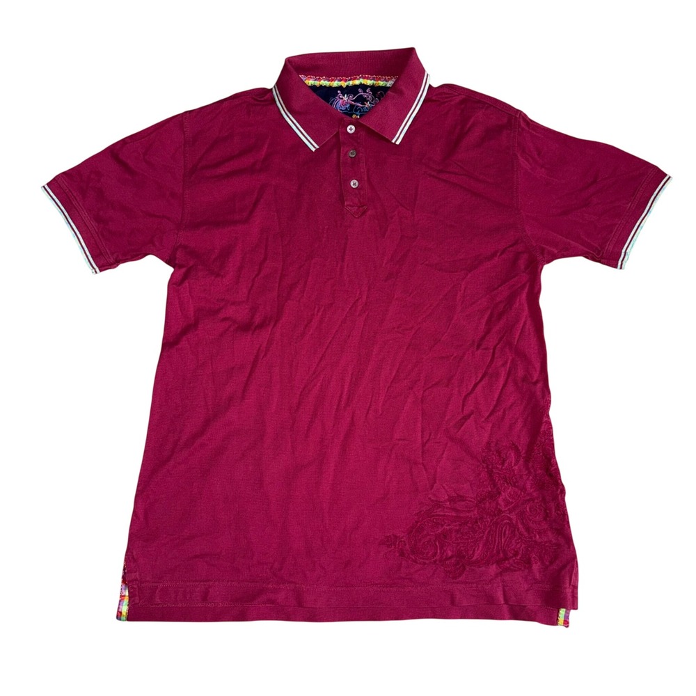 Robert Graham Polo Shirt Mens Large Burgundy Paisley Embroidered Cotton Pique